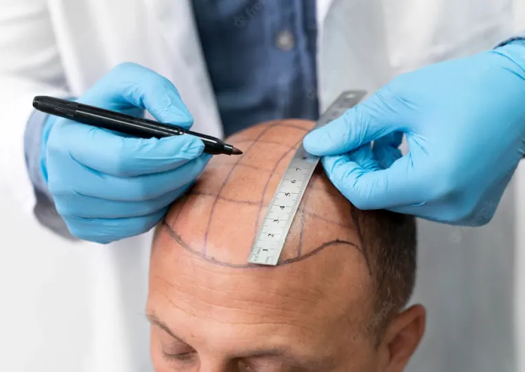 Doctor designing a new hairline before hairline reconstruction